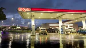 Forecourt of Exxon service station - certain agencies rate fossil-fuel giant Exxon Mobil and EV maker Tesla the same for ESG