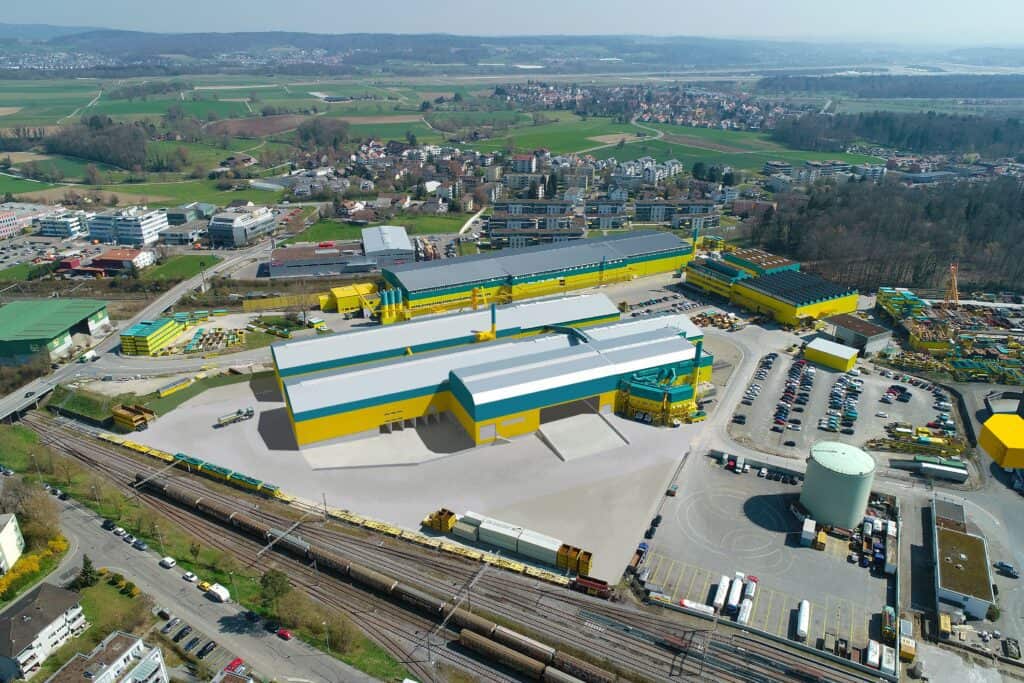 Aerial shot (CGI) of completed Eberhard recycling plant in Oberglatt, Switzerland