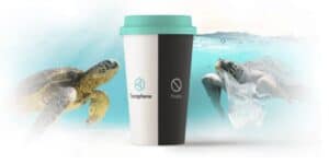 Disposable drinks cup - half Toraphene, half plastic - flanked by Sea Turtles either side, one depicted with plastic bag to suggest marine pollution