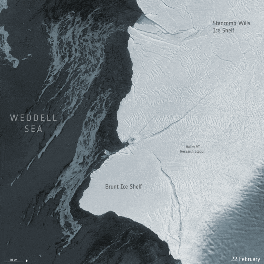 Animated GIF showing calving of giant iceberg as it breaks away from Brunt Ice Shelf, in Antarctica