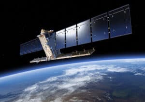 One of the two satellites of the Copernnicus Sentinel-1 mission pictured in orbit above Earth