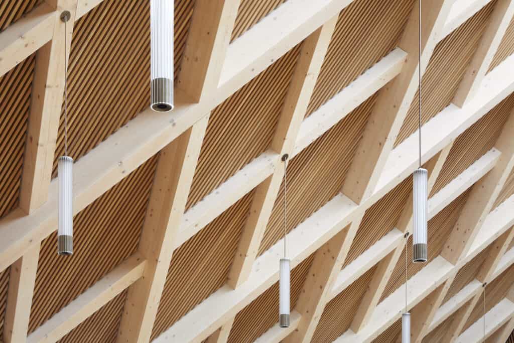 Ceiling detail from timber interior of school refectory