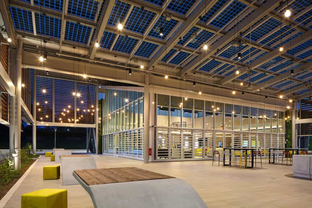 Open 'porch' area to McDonald’s Flagship-Disney restaurant, in Orlando (at night)