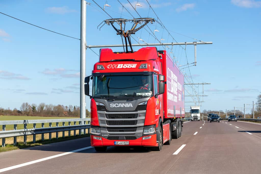 Scania truck on eHighway in Germany, courtesy of Siemens Mobility