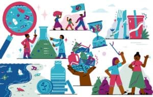 Illustration depicting life story of plastic and its pollution impacts.