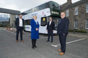 L-R Coucillor Douglas Lumsden, Councillor Jenny Laing, Jo Bamford, Wrightbus owner and Executive Chairman,David Phillips, Operations Director for First Aberdeen.