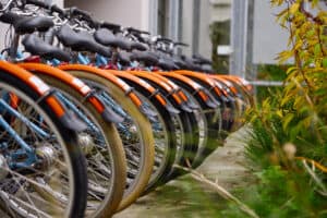 Rack of bicycle rentals available on site.